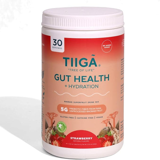 Tiiga 2-in-1 Gut Health + Hydration Drink Mix – Natural Debloat Formula with 75%+ Baobab & Coconut Water. High in Antioxidants, Prebiotics, Zero Added Sugar, Supports Digestion, Energy & Helps Debloat