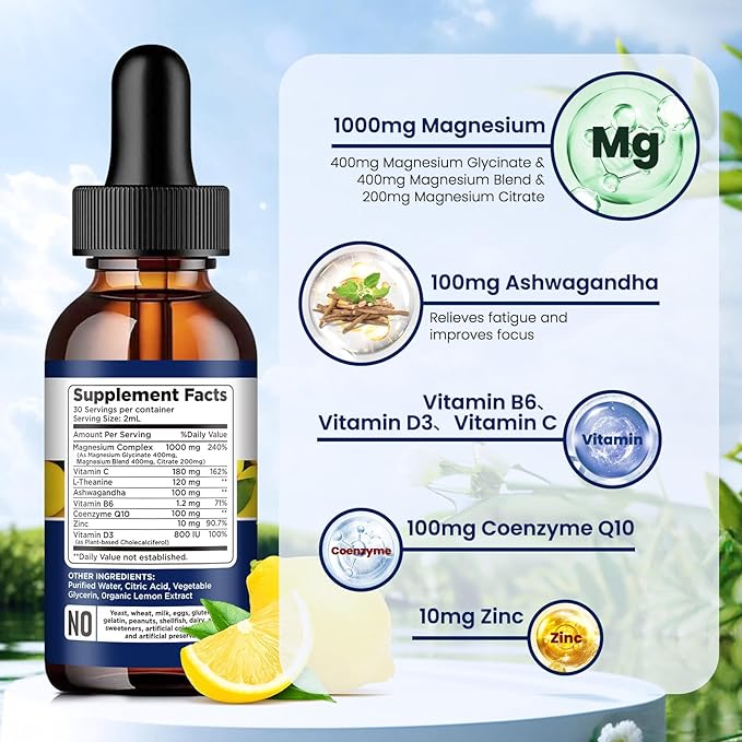 Triple Magnesium Complex Supplement, Magnesium Glycinate, Citrate Liquid Drops 1000mg with Ashwagandha, CoQ10, Vitamin B6, C, D, Zinc - Vegan Lemon Flavor