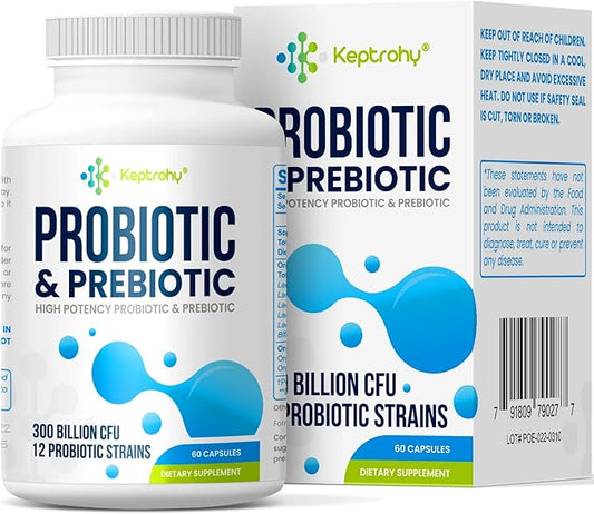 Probiotics for Women & Men, 300 Billion CFU Probiotics from 12 Strains + Organic Prebiotics Blend for Daily Digestive, Immune, Gut, Bloating, Gut Health for Women & Men, Shelf Stable - 60 Capsules
