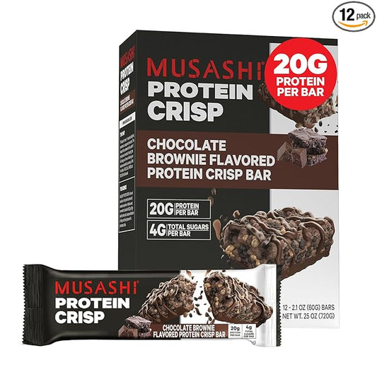 MUSASHI Protein Crisp Bar, 20g Protein, 4g Total Sugars, Chocolate Brownie, Post Workout and Snack On The Go, 12 Pack of 2.1oz (60g) Bars
