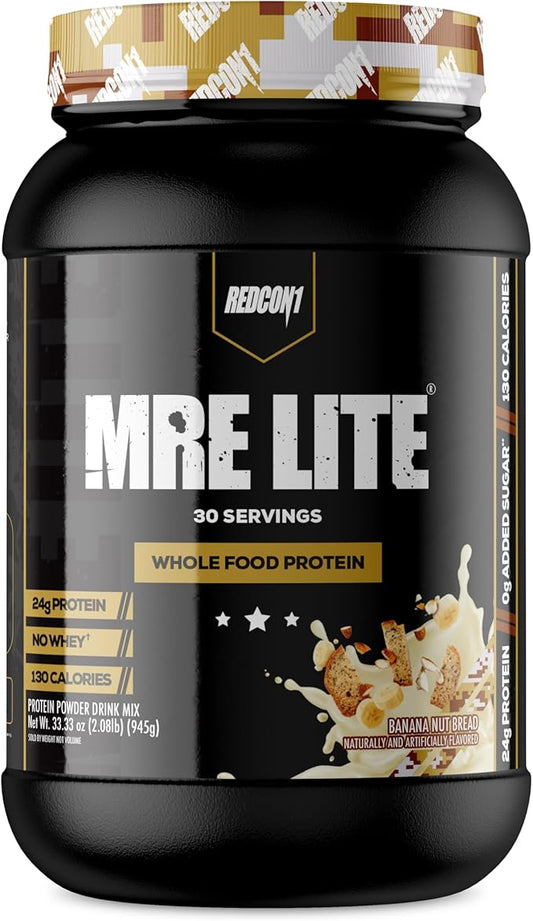 REDCON1 MRE Lite Whole Food Protein Powder, Banana Nut Bread - Low Carb & Whey Free Meal Replacement with Animal Protein Blends - Easy to Digest Supplement Made with MCT Oils (30 Servings)