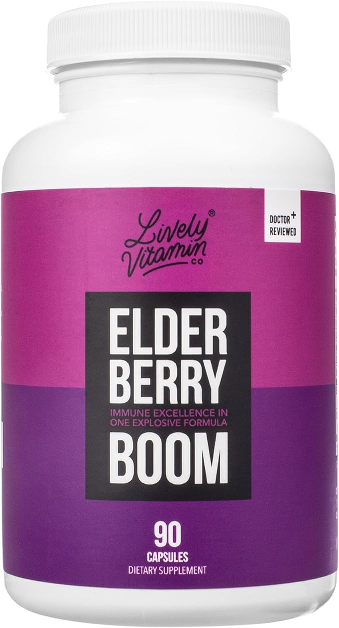 LIVELY VITAMIN CO. Elderberry Boom - Boosts Immune Function - Prevents Colds & Sickness - Elderberry, Zinc, Calcium, Magnesium, Vitamin C - 90 Vegetarian Capsules