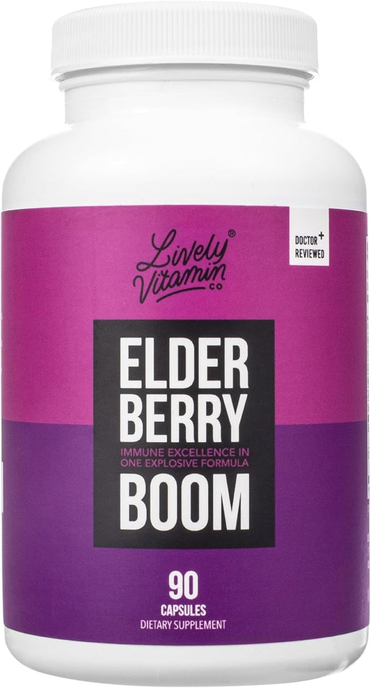 LIVELY VITAMIN CO. Elderberry Boom - Boosts Immune Function - Prevents Colds & Sickness - Elderberry, Zinc, Calcium, Magnesium, Vitamin C - 90 Vegetarian Capsules