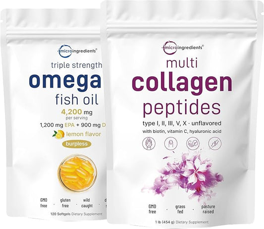 Micro Ingredients Multi Collagen Protein Powder 16oz & Omega-3 Fish Oil 4,200 mg Softgels Bundle 2 Pack | Grass-Fed Collagen Peptides | Wild-Caught Fish, Lemon Flavored, Burpless