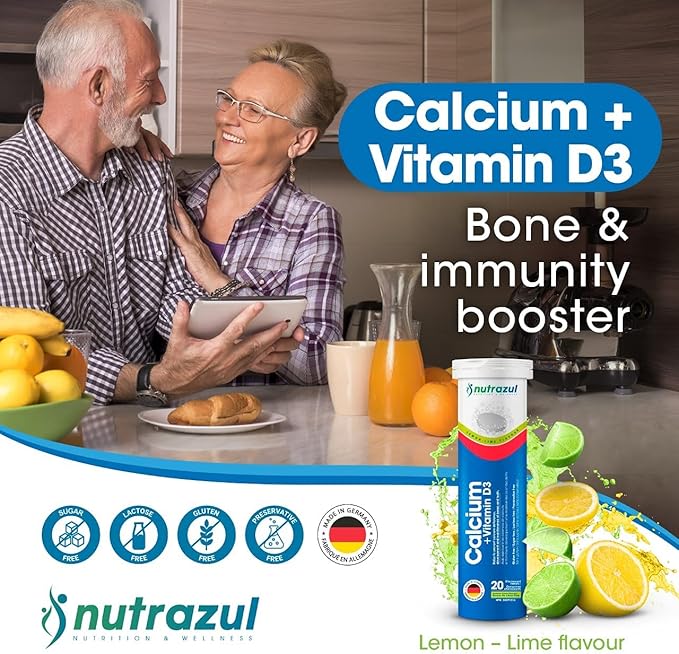 nutrazul Calcium + Vitamin D3 Effervescent Tablets | 20 Tablets | Supports Bone Health & Maintenance | for Adults & Kids | Lemon-Lime Flavor