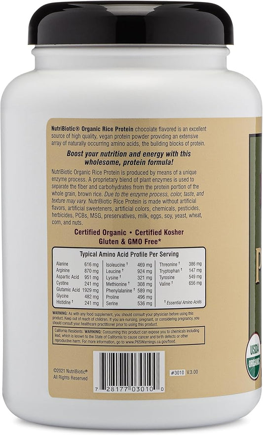 NutriBiotic Certified Organic Rice Protein Chocolate, 22.9 Oz | Low Carbohydrate Vegan Protein Powder | Raw, Certified Kosher & Keto Friendly | Made Without Chemicals, GMOs & Gluten | Easy to Digest