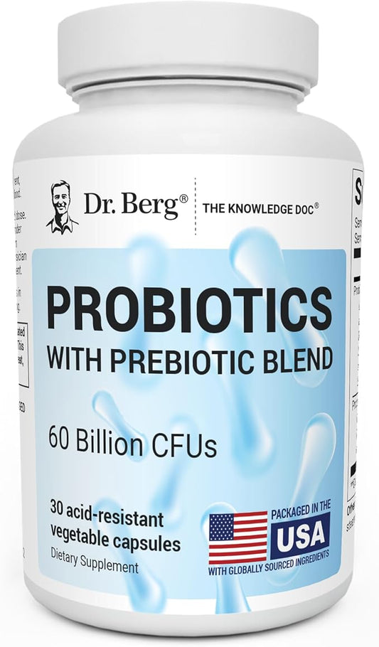 Dr. Berg Probiotic Supplement (60 Billion CFUs) - Helps Ease Occasional Constipation, Diarrhea, Gas & Bloating* - Pre and Probiotics for Digestive Health - 30 Probiotic Capsules