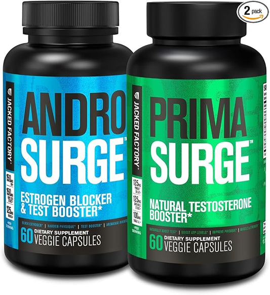 Jacked Factory Testosterone Booster for Men | Estrogen Blocker with Tongkat Ali - Androsurge Anti-Estrogen + Primasurge Natural Test Booster - for Muscle Growth, Vitality, Energy, 30 Day Supply