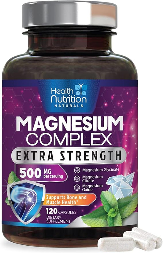 Magnesium Supplement Citrate Capsules 500mg with Glycinate, Oxide, Malate, Citrate - for Muscle, Nerve, Bone and Heart Health Support - High Absorption Glycinate Complex, Gluten Free - 120 Capsules