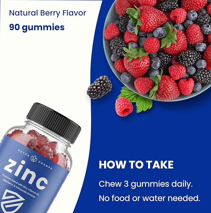 NutraChamps Zinc Gummies | 4-in-1 Zinc Gummies Adult | Zinc Chewable 50mg | Chewable Zinc Supplement Gummies with Vitamin D3 2000 IU, Elderberry & Echinacea | Immune, Heart & Brain Support | 90 Count