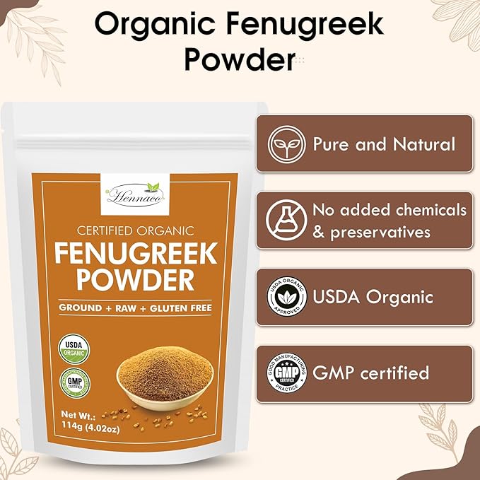 hennaco Organic Fenugreek Powder Powder | USDA Organic | GMP Certified | Pure & Natural Fenugreek Powder for Culinary, Skin and Hair | No Preservatives| Chemical Free | 114 Grams (4 OZ)