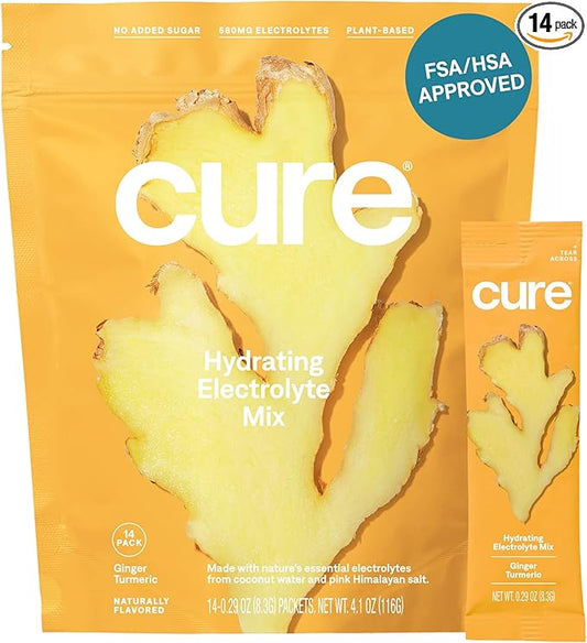 Cure Hydration | Plant-Based Electrolyte Drink Mix | No Added Sugar | FSA & HSA | Dehydration Relief Powder Made with Coconut Water | Non-GMO | Vegan | Pouch of 14 Packets - Ginger Turmeric