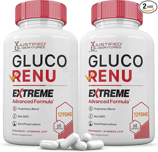 (2 Pack) Gluco Renu Extreme 1295MG Glyco Support Pills Advacned Formula Gluo Renew Glycogen Support Formulated with Turmeric Berberine Resveratrol Garlic Bitter Melon Milk Thistle 120 Capsules