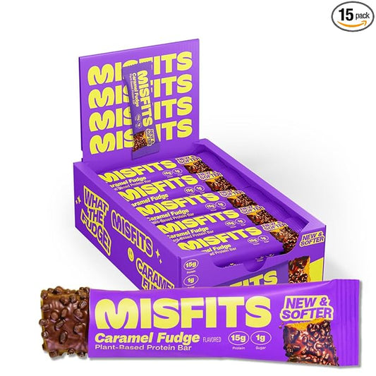 Misfits Vegan Protein Bars, Caramel Fudge - Updated Recipe | Plant Based, Low Sugar & Carb, High Fiber Snacks | Pack of 15