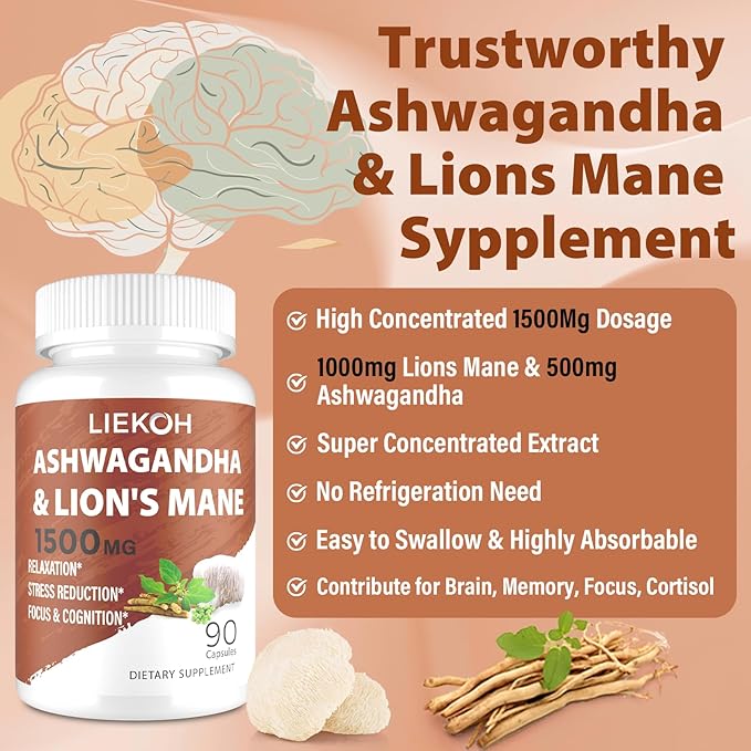 Ashwagandha & Lions Mane Supplement Capsules, Organic Ashwagandha Supplements with Rhodiola & Black Peppe, Cortisol Supplements for Women & Men, 180 Caps
