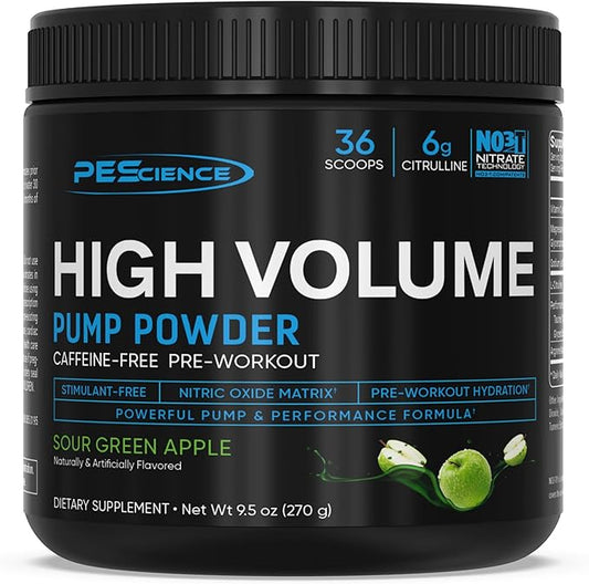 PEScience High Volume Stim-Free Pre Workout, Nitric Oxide Booster with L Citrulline & L Arginine Nitrate, Non-Stim Preworkout for Men and Women, 36 Scoops, Sour Green Apple
