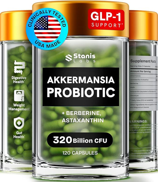Akkermansia Muciniphila Probiotics 320 Billion CFU| GLP-1 Probiotic and Prebiotic | Akkermansia Probiotics for gut health | Inulin Prebiotic Fiber Capsules Astaxanthin & Berberine & Chromium 120 count