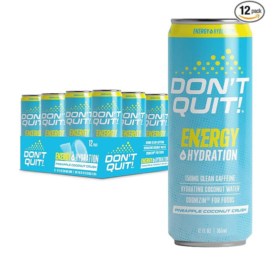 DON’T QUIT Clean Sports Energy Drink - 150 Milligrams of Natural Caffeine with Coconut Water and Electrolytes for Hydration and Cognizin® for Attention and Focus - (Pineapple Coconut Crush, 12 Pack)