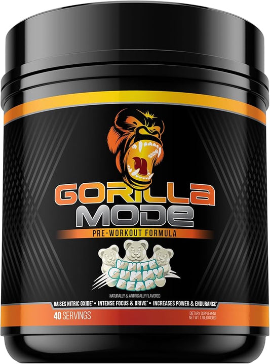 Gorilla Mind Pre Workout - Massive Pumps Laser Focus Energy Power - L-Citrulline, Creatine, L-Tyrosine, Betaine, Hydroprime, Alpha-GPC, 400mg Caffeine, Huperzine A 808g (White Gummy Bear)