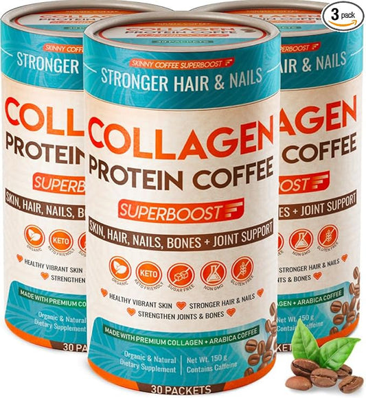Collagen Protein Peptides Powder – Organic Protein Coffee for Men & Women, Promotes Glowing Skin, Lose Weight, Hair, Nails, Bone & Joint, Muscles, Superboost Supplement