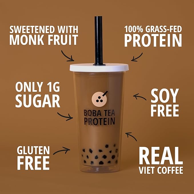 Boba Tea Protein Vietnamese Coffee | 25g Grass-Fed Whey Protein Isolate Powder | 112mg Caffeine | Gluten-Free & Soy-Free Bubble Tea Drink | Real Ingredients & Lactose-Free Protein Drink | 25 Servings