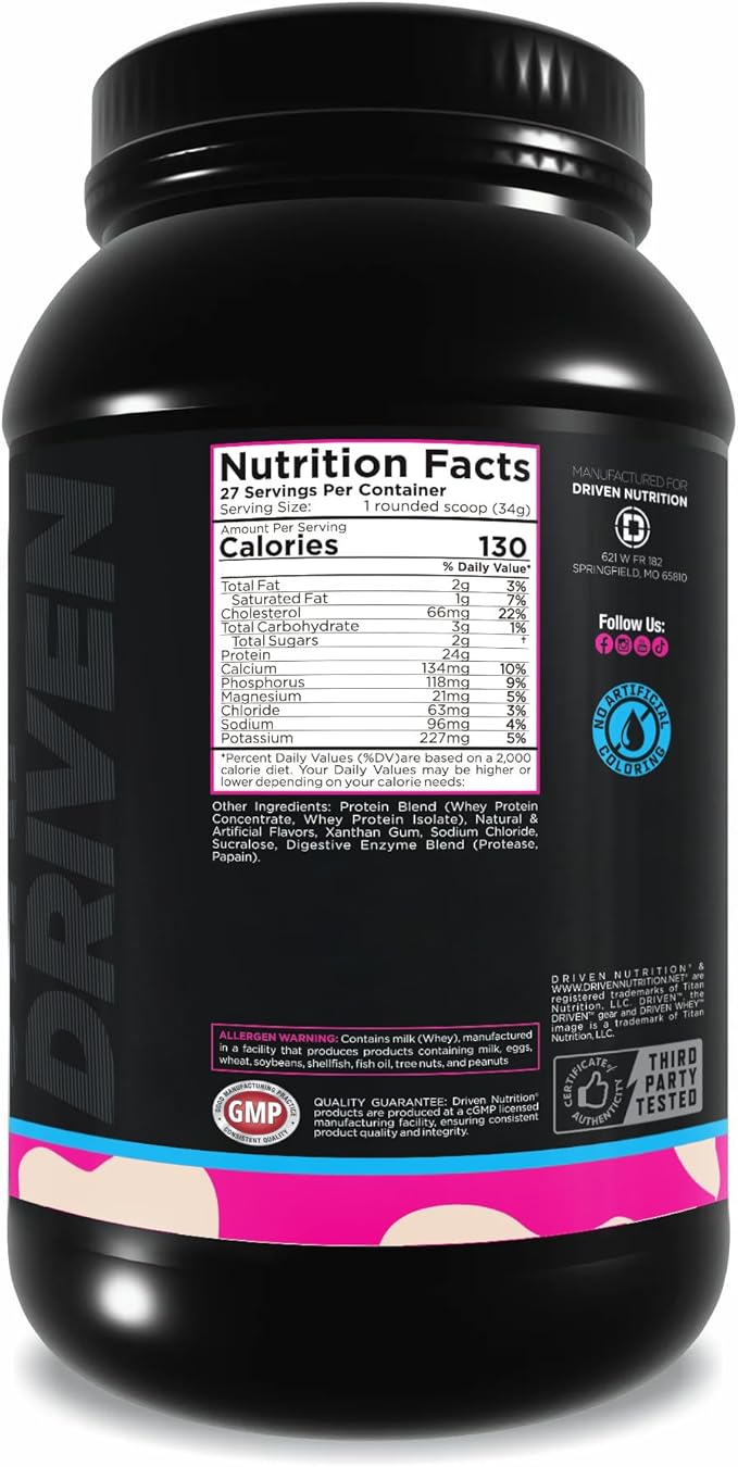 Driven WHEY- Whey Protein Powder: Delicious, Clean Protein Shake- Improve Muscle Recovery with 23 Grams of Protein with Added BCAA and Digestive Enzymes (2lb, Birthday Cake)