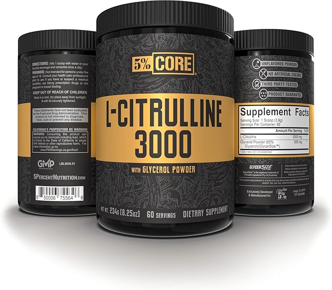 5% Nutrition Core L-Citrulline 3000 with Glycerol | Nitric Oxide Booster & Muscle Pump Supplement | Pre-Workout Additive | Unflavored (60 Servings)