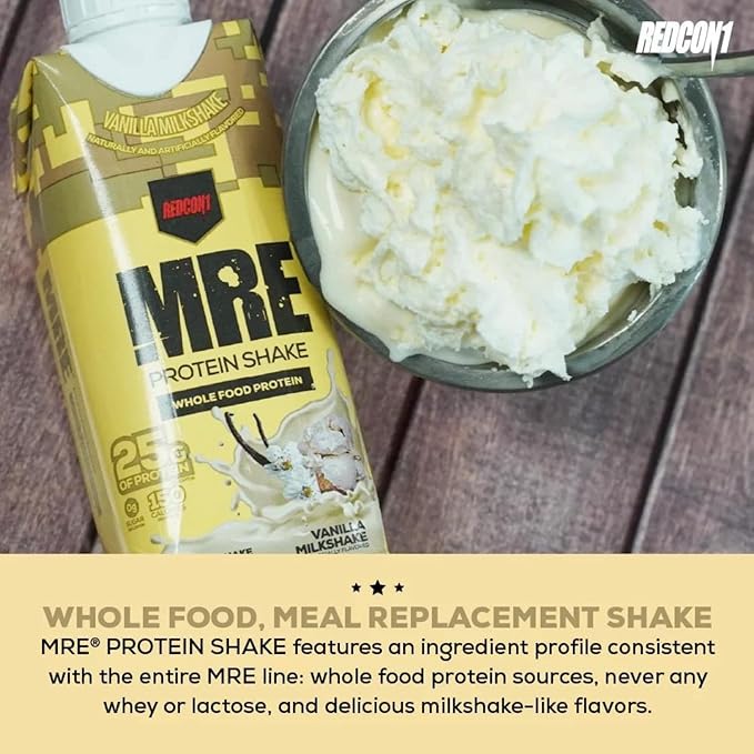 REDCON1 MRE Ready to Drink Protein Shakes, Vanilla Milkshake - Protein Drinks with Whole Food Sources - Sugar Free RTD Shake Formulated to Fuel Athletes at Any Time (4 Pack)
