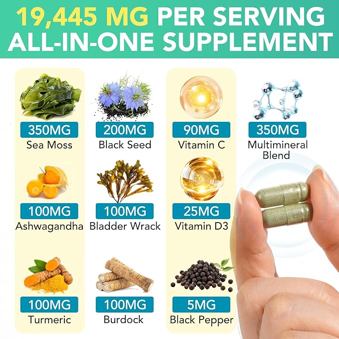 Sea Moss 3000mg Black Seed Oil Capsules 2000mg Ashwagandha Supplements 1000mg Bladderwrack Turmeric Burdock & Vitamin C & D3 Manuk Honey Dandelion Yellow Dock Chlorophyll ACV