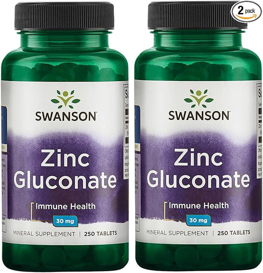 Swanson Zinc Gluconate - Mineral Supplement Promoting Prostate Health, Vision Health, & Immune Support -Gluconate Form for Optimal Absorption - (250 Tablets, 30mg Each) (2 Pack)