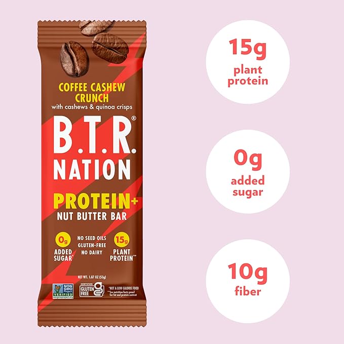 B.T.R. Nation Vegan Keto Plant Based High Protein & High Fiber Bars - Coffee Cashew Crunch Protein+ | 12 Bars | Low Carb & GF, Free of Sugar Alcohols, Dairy, Soy and with Powerful Superfoods!