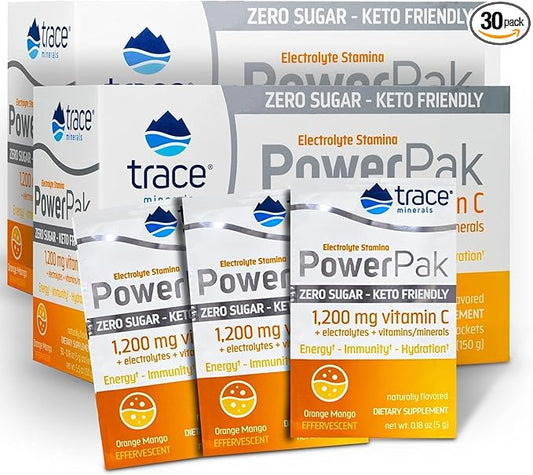 Trace Minerals | Power Pak Sugar Free Electrolyte Powder Packets | 1200 mg Vitamin C, Zinc, Magnesium | Boost Immunity, Hydration and Natural Energy | Keto Friendly | Orange Mango | 60 Packets