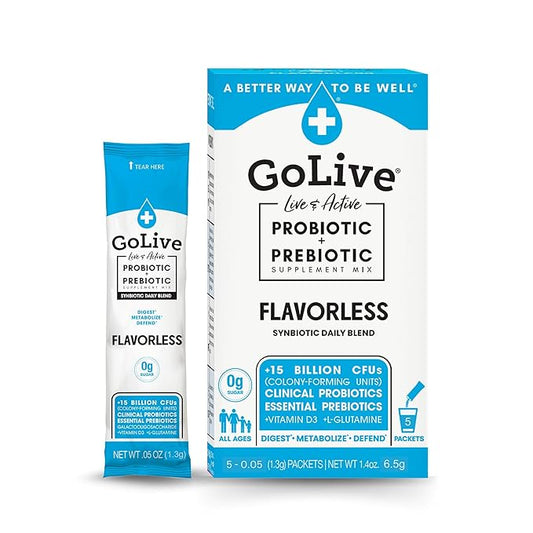 GoLive Prebiotic & Probiotic for Women, Men, Kids. Flavor-Free, Sugar-Free, Synbiotic Powder w/ GOS, L-Glutamine, Vitamin D3, Electrolytes. For Gut Health, Digestion, Metabolism, Immunity 15-50B CFUs.