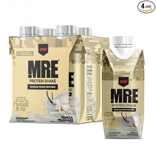 REDCON1 MRE Ready to Drink Protein Shakes, Vanilla Milkshake - Protein Drinks with Whole Food Sources - Sugar Free RTD Shake Formulated to Fuel Athletes at Any Time (4 Pack)