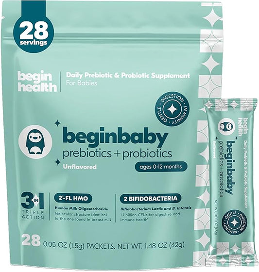 Begin Health BeginBaby Prebiotics and Probiotics for Infants 0-12 Months | Baby Formula Prebiotic + Probiotic Powder with 2'-FL HMO's & B. Infantis for Optimal Digestion | 28-Packs - Unflavored