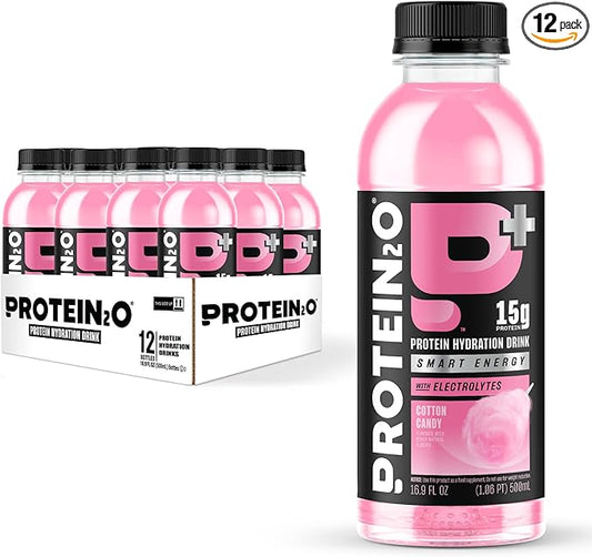 Protein2o 15g Whey Protein Isolate Hydration Drink Plus Energy & Focus, 350mg of Electrolytes, Vitamins B5 & B6, Sugar Free, Cotton Candy, 16.9 oz Bottle (Pack of 12)