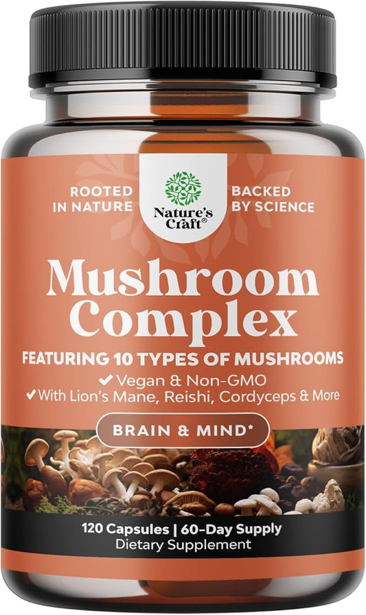 Advanced Mushroom Complex Capsules - 10X Lions Mane Supplement Capsules with Reishi, Chaga , Maitake & Shiitake for Brain Health, Memory Support & Focus - Nootropic for Mental Clarity - 120 Caps