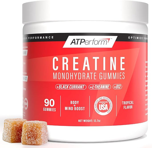 ATPerform Sugar-Free Creatine Monohydrate Gummies with Black Currant Extract, Vitamin B12 & L-Theanine for Pre-Workout, Post-Workout Recovery, Focus, Strength & Energy | Tropical, 90ct