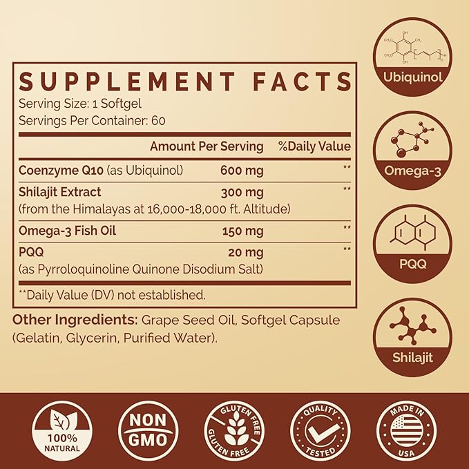 Ubiquinol CoQ10 600 MG Softgels with Omega-3 & Shilajit & PQQ, Advanced Dual-Delivery Coenzyme-Q10, Active CoQ10 Ubiquinol Supplement for Fertility, Antioxidant, Heart, Brain & Energy, 600 Servings