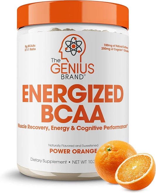Genius BCAA Powder - 5g Vegan BCAAs L-Glutamine, Cognizin & Rhodiola Muscle Recovery Energy Support 100mg Caffeine Pre, Intra, Post-Workout Nootropic Supplement for Focus & Performance - Orange