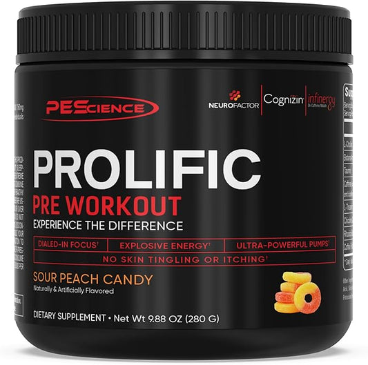 PEScience Prolific Energy Pre Workout – L Citrulline for Nitric Oxide, Rhodiola & CDP Choline Nootropic for Focus – Preworkout for Men & Women – 40 Scoops, Sour Peach Candy