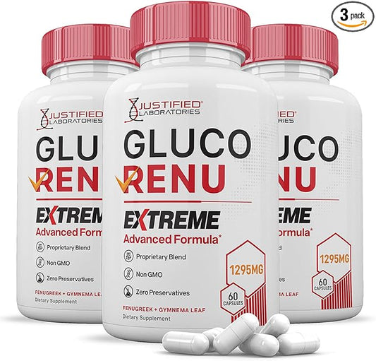(3 Pack) Gluco Renu Extreme 1295MG Glyco Support Pills Advacned Formula Gluo Renew Glycogen Support Formulated with Turmeric Berberine Resveratrol Garlic Bitter Melon Milk Thistle 60 Capsules