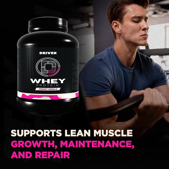 Driven WHEY- Grass Fed Whey Protein Powder: Delicious, Clean Protein Shake- Improve Muscle Recovery with 23 Grams of Protein with Added BCAA and Digestive Enzymes (5 lb, Creamy Vanilla)
