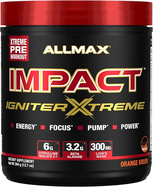 ALLMAX Impact IGNITER Xtreme, Orange Crush - 360 g - Pre-Workout Formula - Improves Energy, Focus, Pumps & Power - with Citrulline Malate & Beta Alanine - Up to 40 Servings