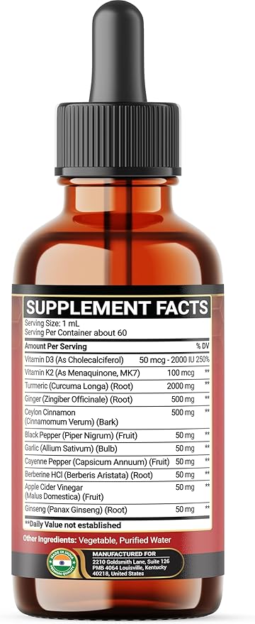 11in1 Liquid Turmeric Curcumin with Vitamin D3, Vitamin K2, Ginger, Ceylon Cinnamon, Berberine Extract, Garlic, Black Pepper - Drops Extract - 60ml - 2 Month Supply