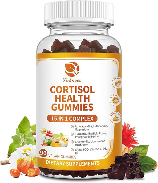 Cortisol Supplements for Women & Men, 15-in-1 Calm Cortisol Gummies with Ashwagandha, Magnesium, L-theanine, GABA, Phosphatidylserine, Vitamin C, D3, B6 for Mood, Sleep, Focus Support - Vegan, 90CT