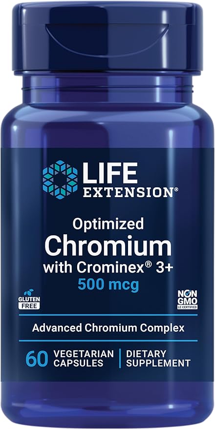Life Extension Optimized Chromium with Crominex 3+ 500 mcg, Metabolism Health, Healthy Balance, Vegetarian, Gluten Free, Non-GMO, 500 mcg, 60 Vegetarian Capsules