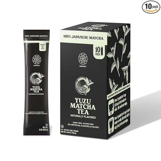 Harmony Matcha Yuzu – Premium Japanese Matcha Powder, Shade-Grown & Stone-Ground, Rich in Antioxidants & L-Theanine, Sweetened with Organic Sugar, No Preservatives, 10 Stick Packs