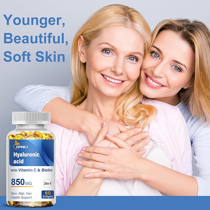 Hyaluronic Acid Supplements 850mg with Biotin 5000mcg & Vitamin C 25mg High Absorption, Skin Hydration, Hair and Nails Health, Non-GMO, Gluten Free, 60 softgels