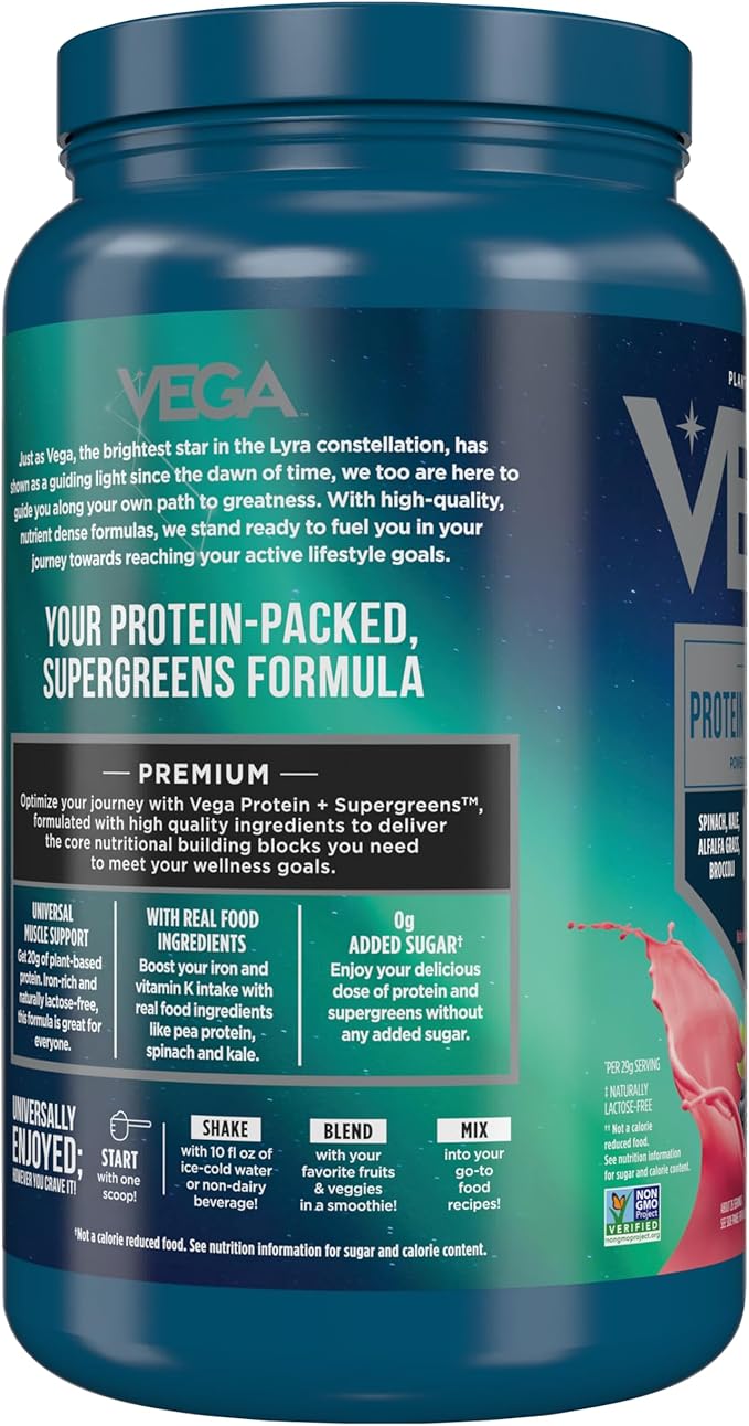 Vega Protein and Greens Protein Powder, Berry - 20g Plant Based Protein Plus Veggies, Vegan, Non GMO, Pea Protein for Women and Men, 1.7 lbs (Packaging May Vary)